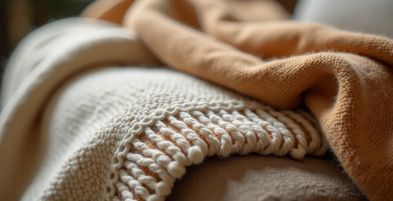 Dettaglio macro di tessuti stratificati in un angolo hygge con lana merinos, lino grezzo e coperta sarda