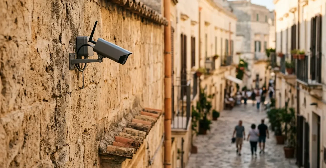 Vista laterale di una telecamera di sicurezza montata su un muro residenziale, con sfondo sfocato di una strada italiana