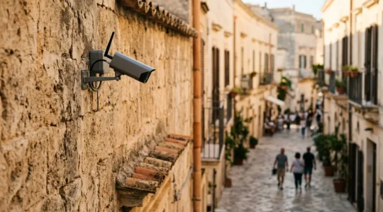 Vista laterale di una telecamera di sicurezza montata su un muro residenziale, con sfondo sfocato di una strada italiana