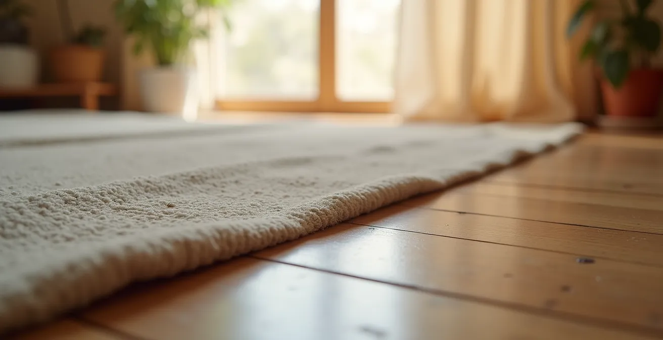 Dettaglio ravvicinato di una tenda termica che sfiora il pavimento