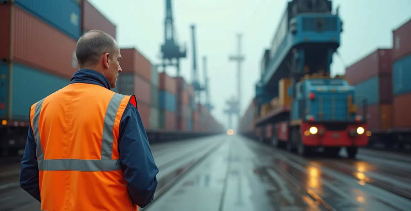 Terminal intermodale con treni merci e camion in fase di carico scarico