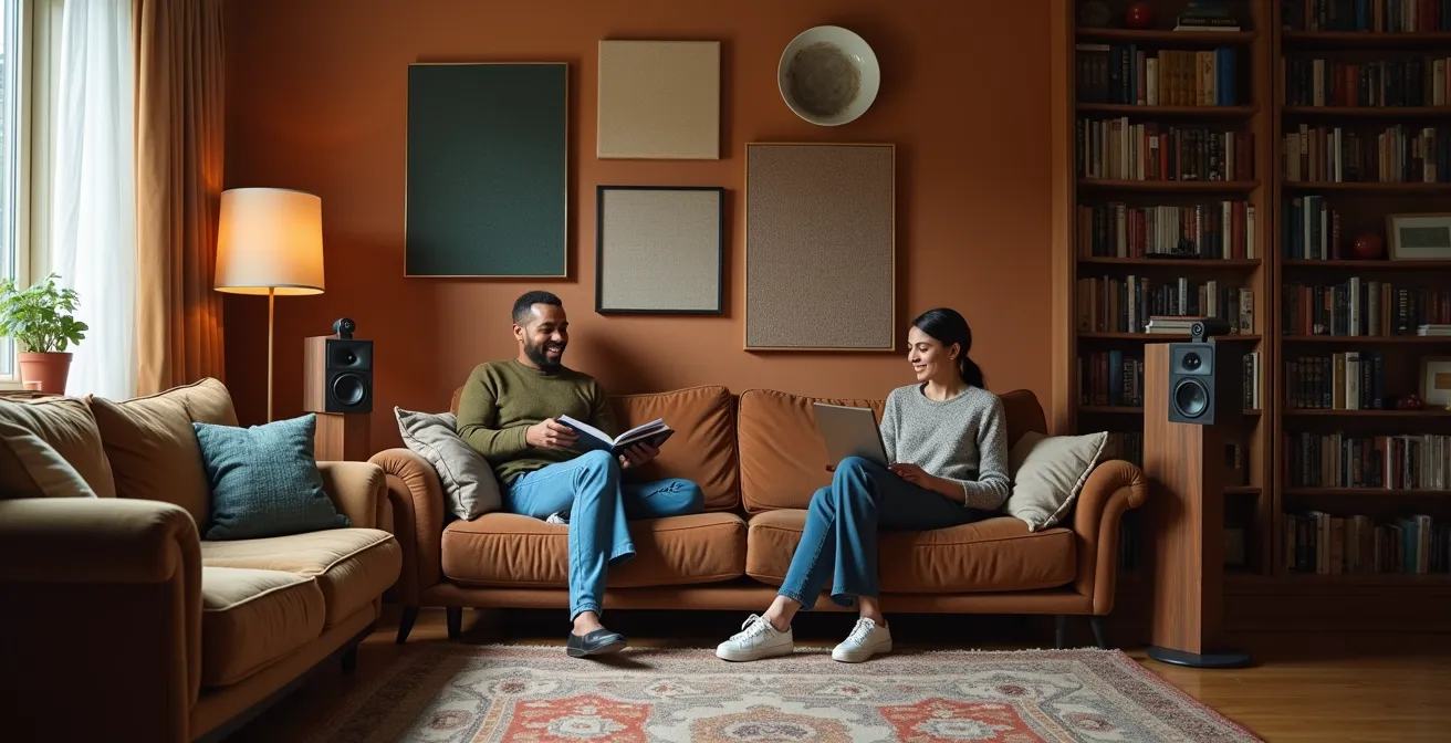 Salotto con tende pesanti e tappeti spessi usati per la correzione acustica e la riduzione del riverbero interno