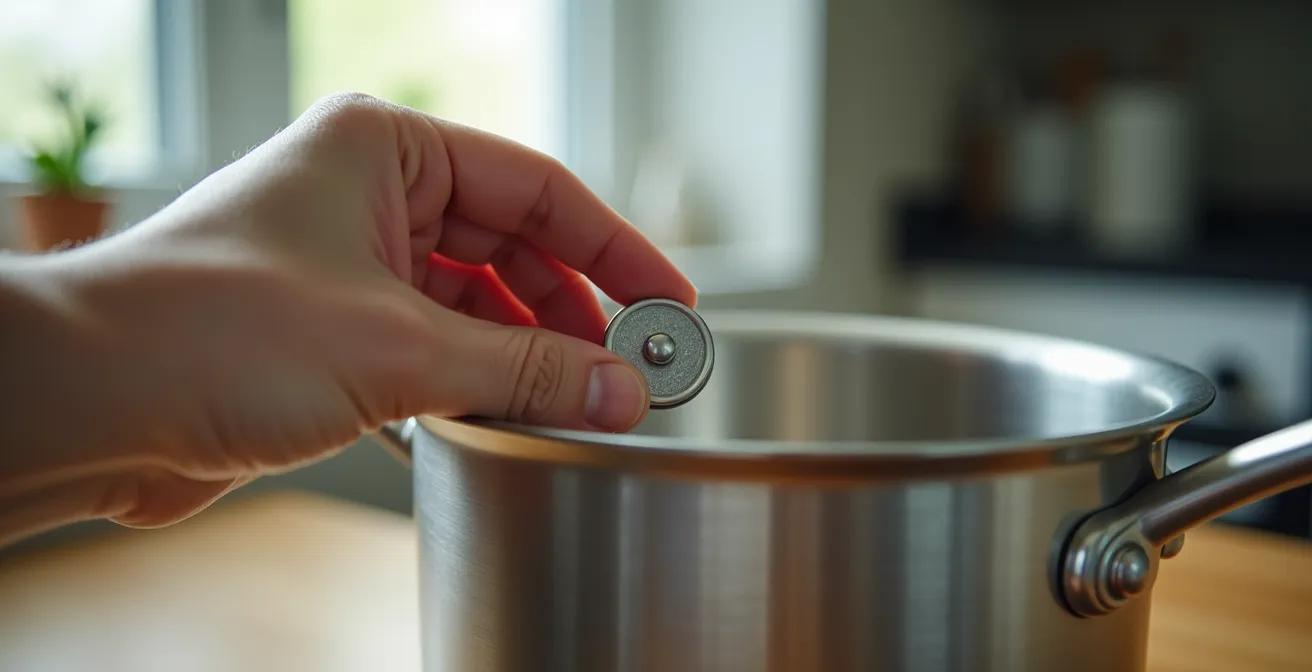 Mano che testa una pentola con calamita per verificare compatibilità induzione
