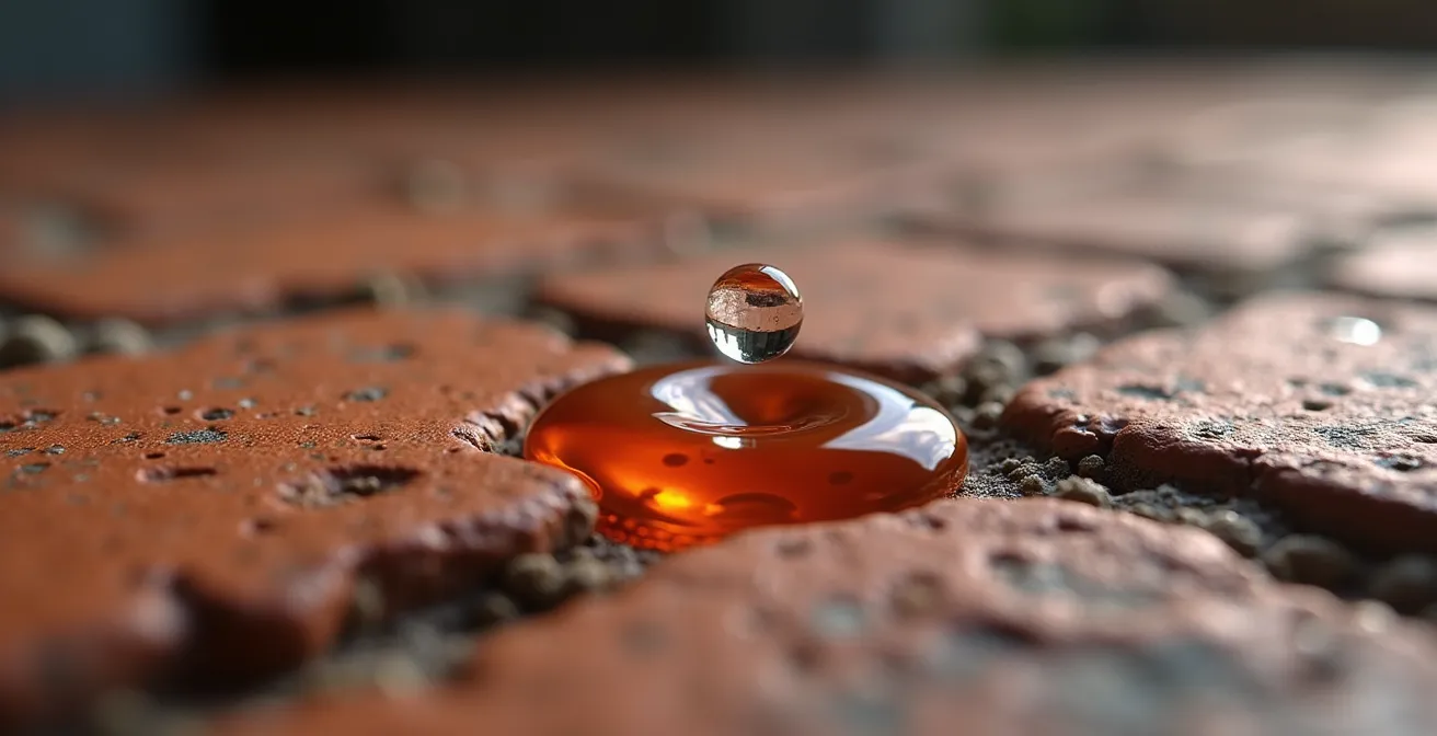 Test della goccia d'acqua su superficie di mattone per valutare la traspirabilità