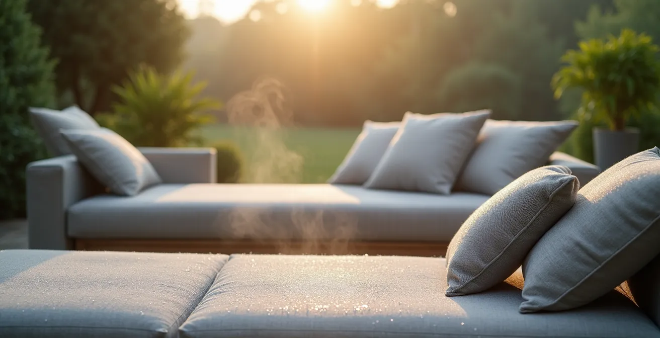 Dimostrazione dell'effetto dello spray impermeabilizzante su tessuto da esterno con gocce d'acqua