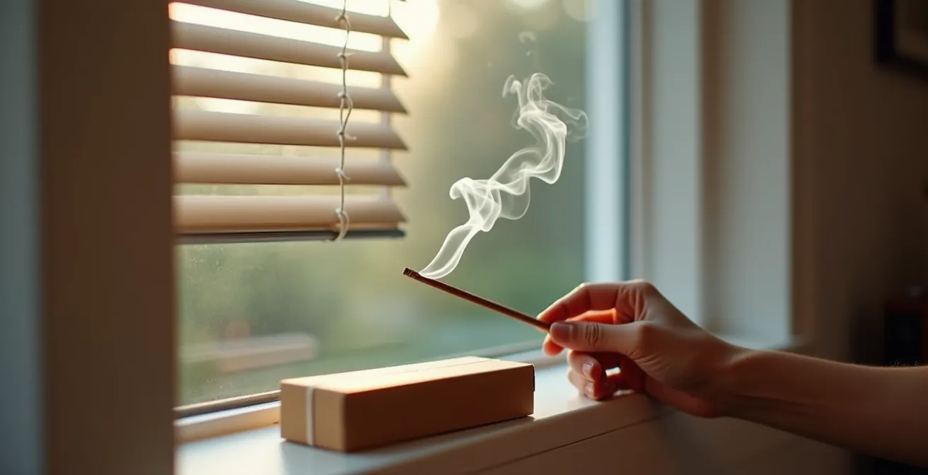 Mano che tiene un bastoncino d'incenso vicino al cassonetto di una tapparella per individuare spifferi d'aria