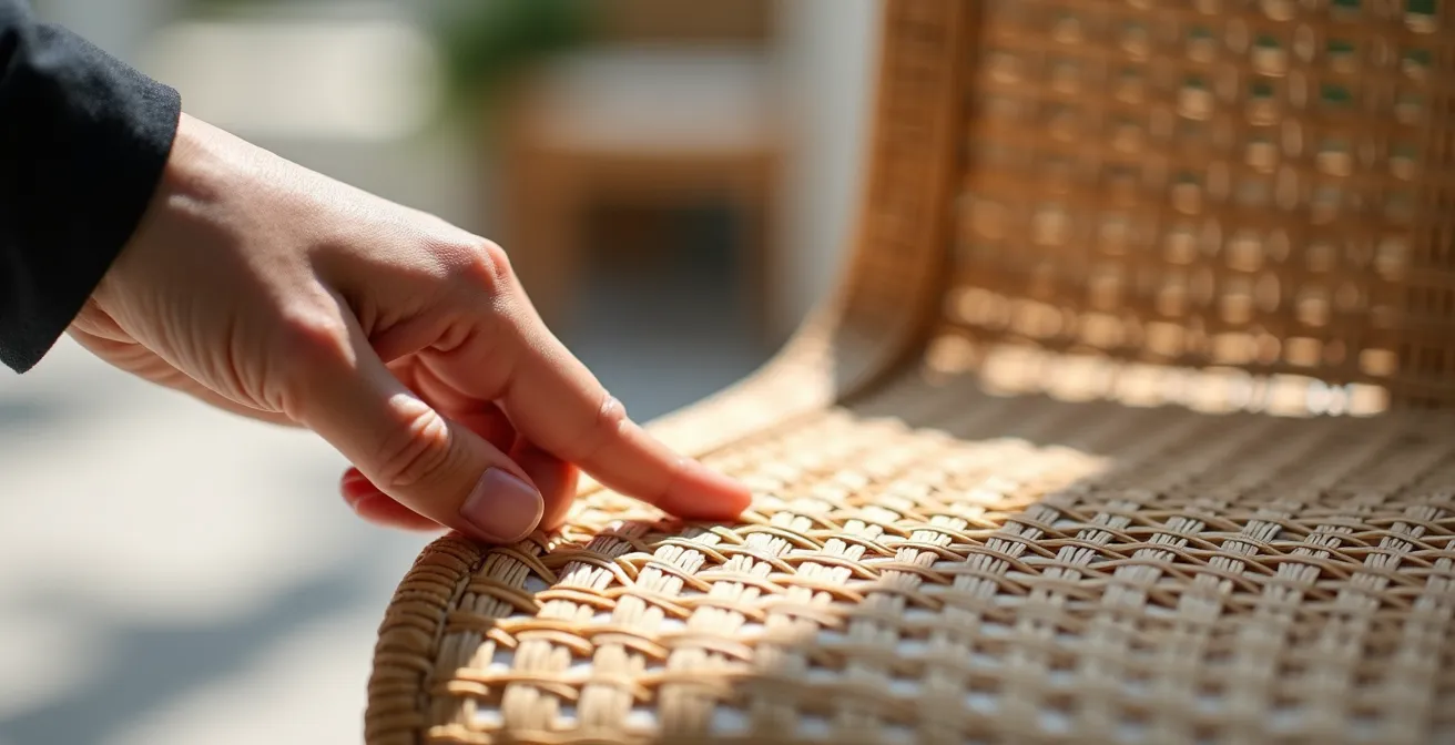 Mano che esegue test di tensione su intreccio polyrattan per verificare qualità