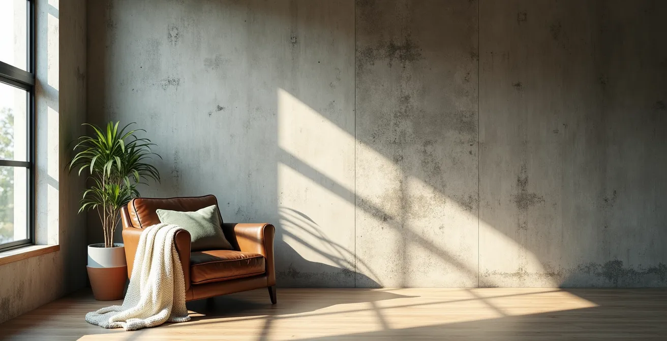 Parete in microcemento grigio con texture spatolata illuminata da luce radente, accostata a tessuti morbidi