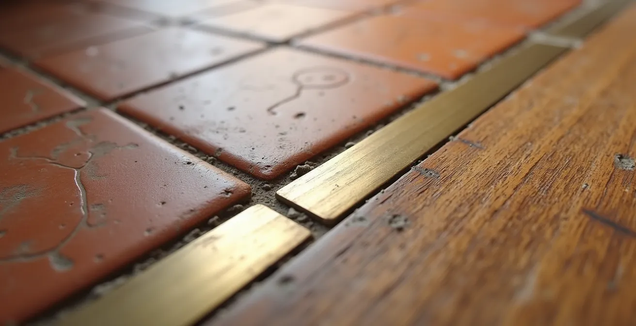 Dettaglio ravvicinato della transizione tra cotto antico e parquet con giunto decorativo
