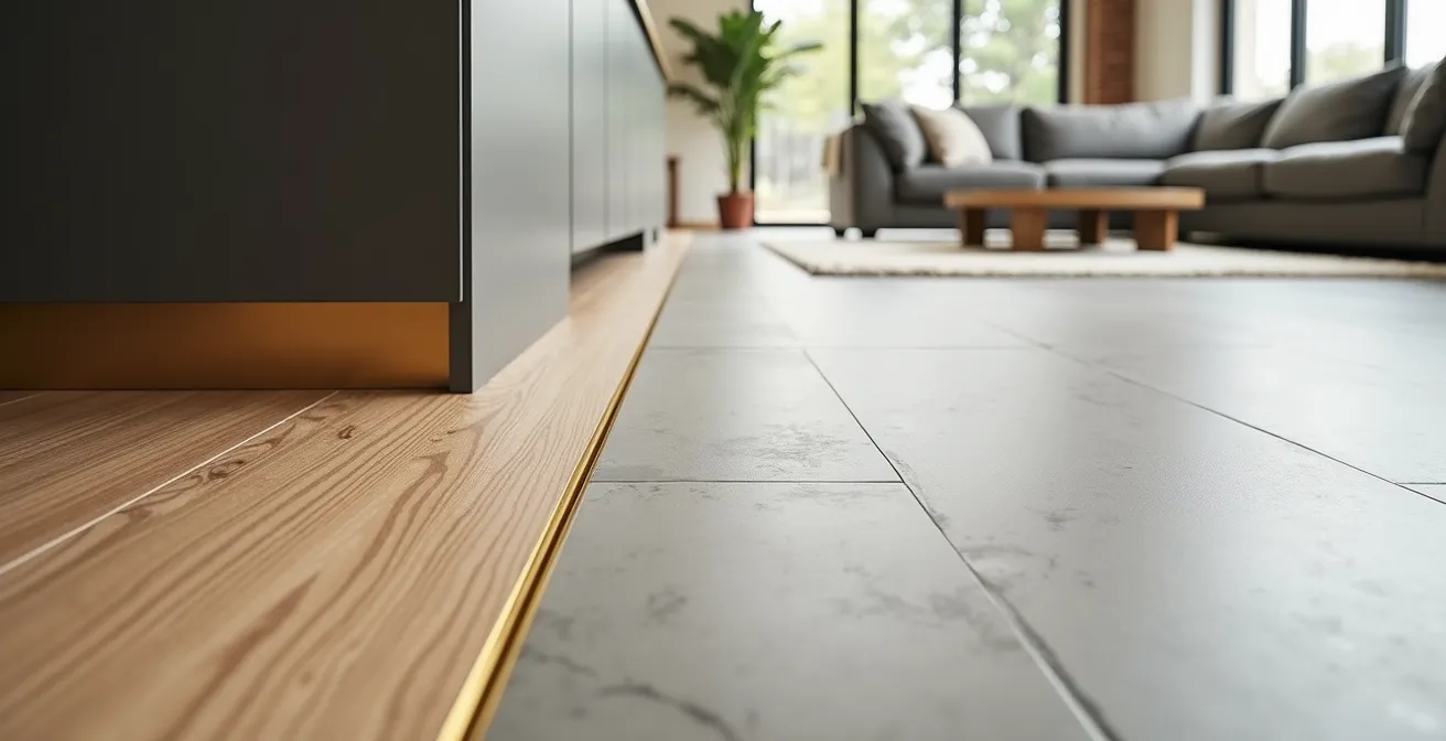 Elegante transizione tra pavimento in gres della cucina e parquet del soggiorno