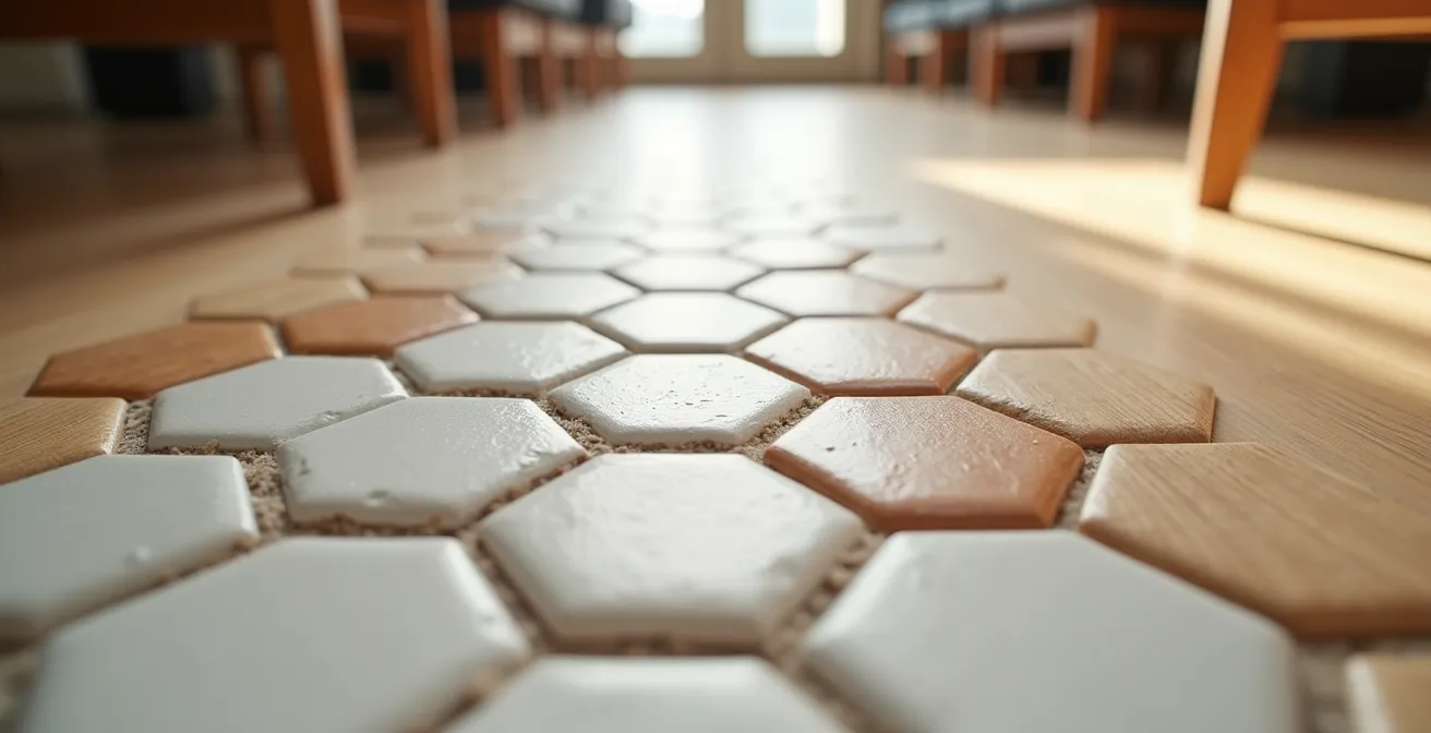 Pavimento con transizione graduale da piastrelle esagonali della cucina a parquet del soggiorno