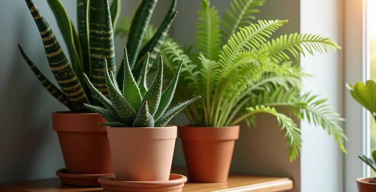 Composizione di Sansevieria, Aloe Vera e Felce di Boston in eleganti vasi su comodino