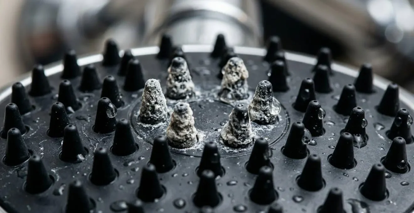 Dettaglio macro degli ugelli in silicone di un soffione doccia con depositi di calcare