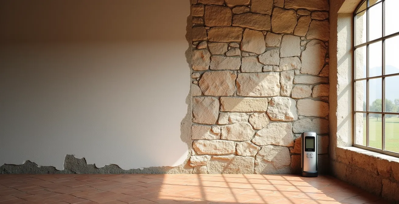 Muro in pietra con problemi di umidità e applicazione rivestimento traspirante