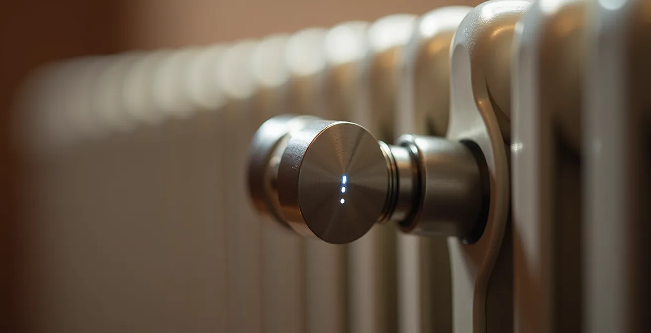 Dettaglio macro di valvola termostatica intelligente installata su radiatore