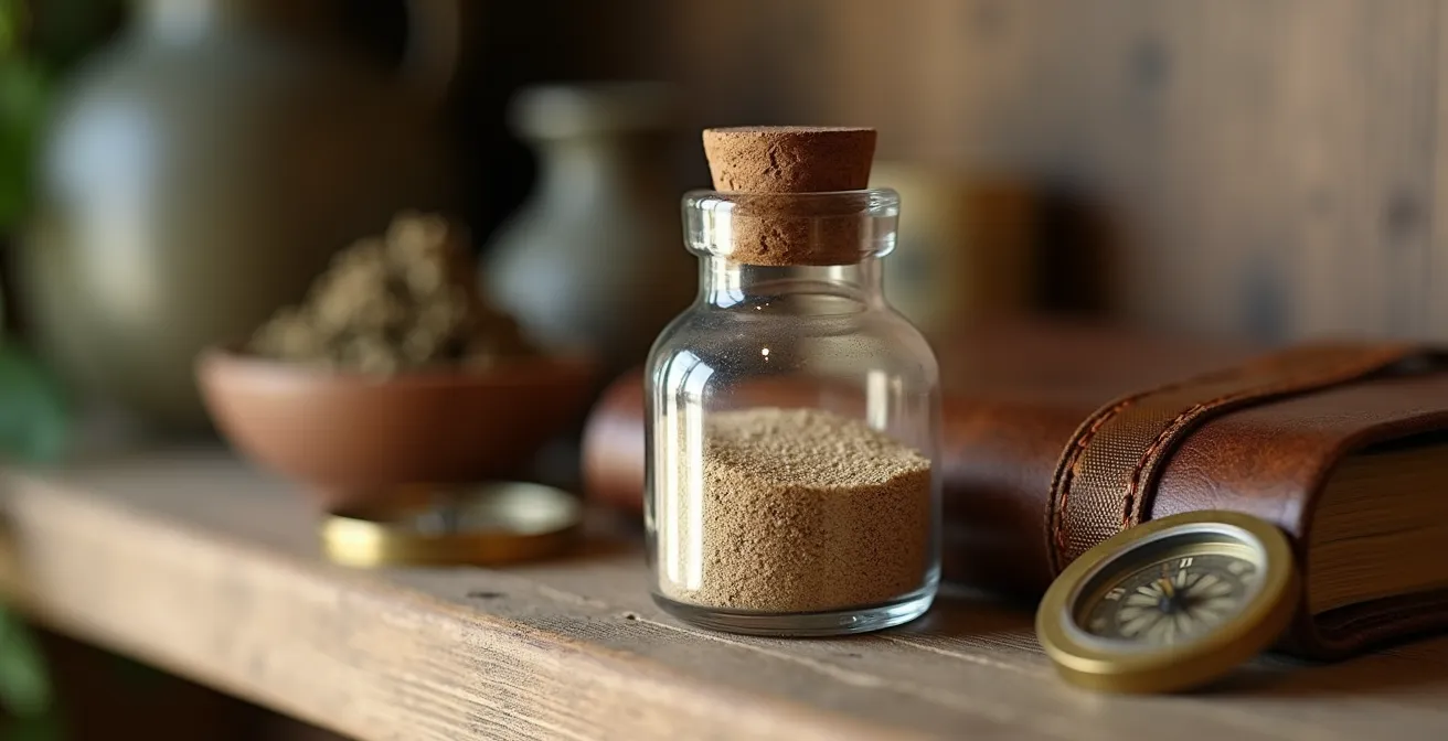 Composizione elegante di souvenir di viaggio disposti come vignette narrative su mensola