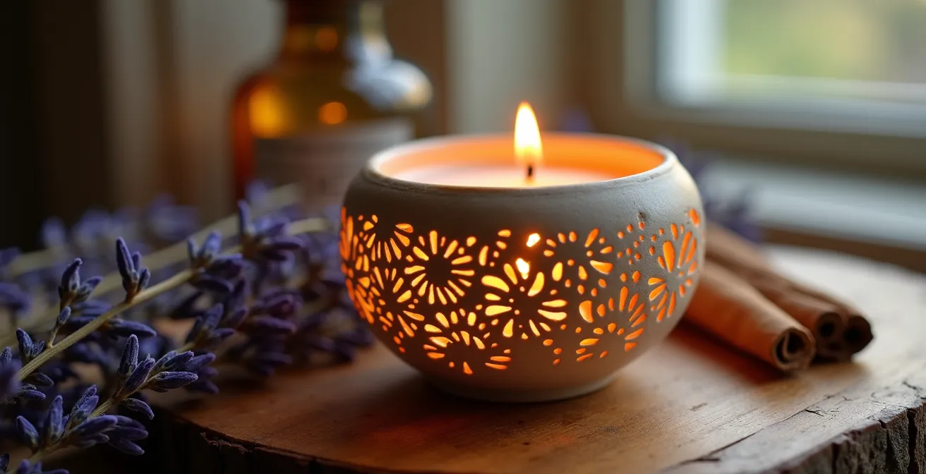 Lampada per cera profumata in ceramica artigianale italiana con luce calda ambientale