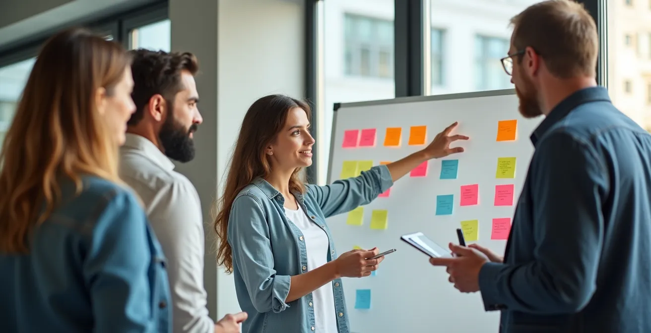 Team di lavoro durante sessione di mappatura processi con lavagna e post-it