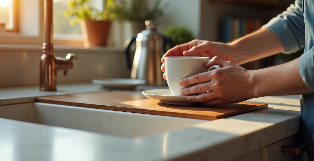 Piano cucina in gres con zona colazione con inserto in legno fonoassorbente