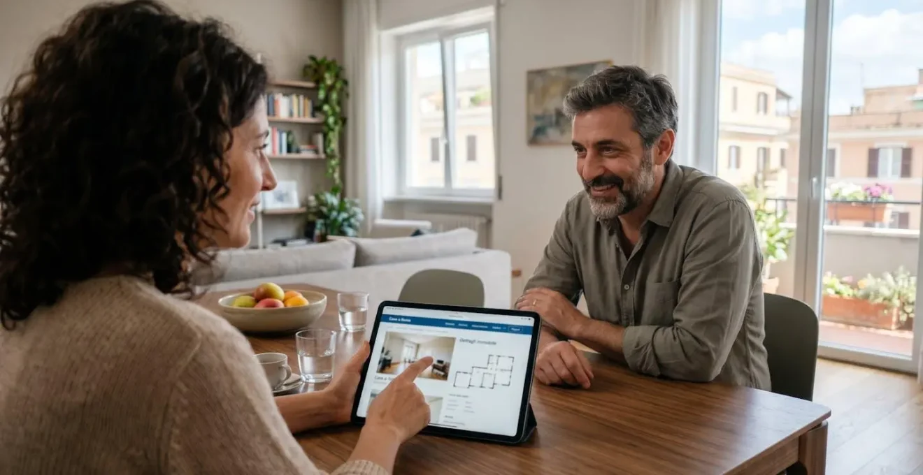 Una coppia italiana sulla quarantina seduta a un tavolo moderno consulta informazioni su tablet in un appartamento luminoso