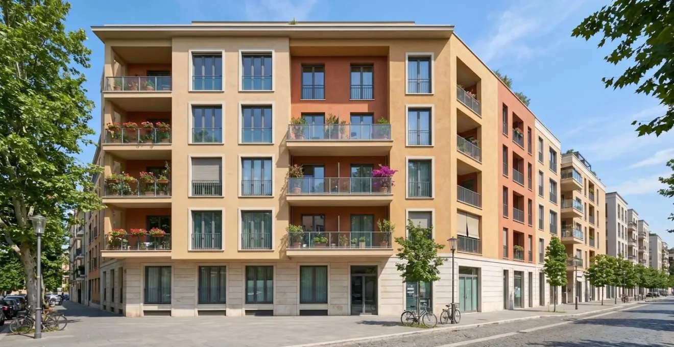 Facciata di un edificio residenziale romano moderno con tonalità ocra e beige tipiche dell'architettura contemporanea italiana