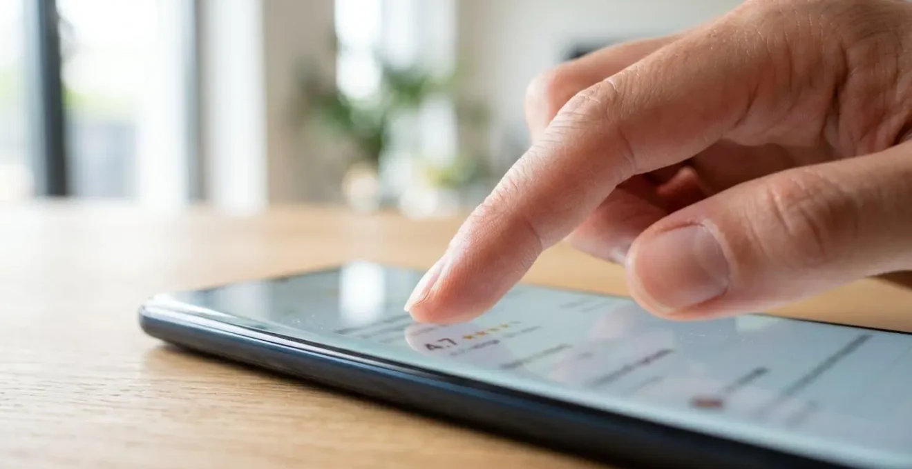 Primo piano di una mano che scorre su uno smartphone mostrando stelle di valutazione e numeri sfocati sullo schermo